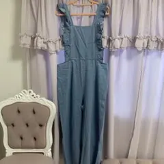 ライトブルー デニムオーバーオール フリルストラップ
