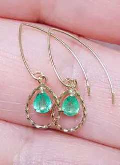 未使用品 k18 天然エメラルド フック ピアス