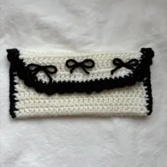 ハンドメイド 編み物 筆箱 ポーチ リボン アクスタ入れ 黒 韓国 筆記用具