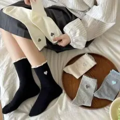 新入荷ハート柄レディースソックス5足まとめ売り韓国オールシーズンクルー丈女性靴下