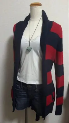 TOMMY HILFIGER 太ボーダー カーディガン 紺 赤