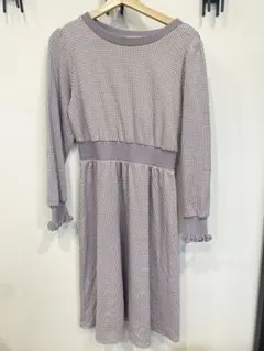 パープルチェック ニットワンピース 長袖