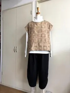 No.495 着物リメイク　フレンチスリーブ　正絹紬　チュニック