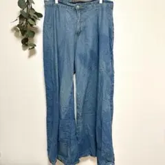 ワイドパンツ ライトブルー 薄手 フレアデニム パンツ ジーンズ 大きめサイズ