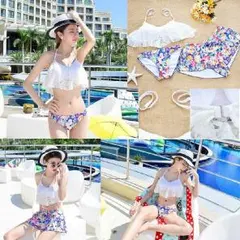 フリル バンドゥビキニ 花柄M体型カバー３点SET★送料無料★XL