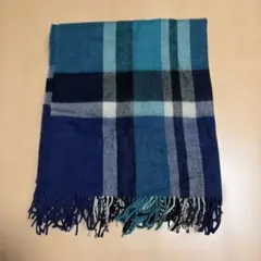 チェック柄　大判マフラー 青系
