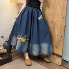 デニムロングスカート刺繍