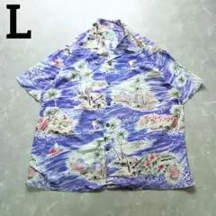 カメハメハ　アロハシャツ　本格ヴィンテージ　風景画　L　希少カラー　パープルのサムネイル
