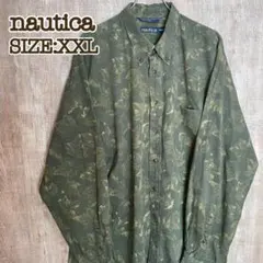nautica ノーティカ BDシャツ カーキ系リーフ柄　総柄 XXL