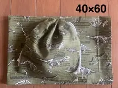 薄カーキ色英字と恐竜★給食セット★巾着＆ランチョンマット40×60★新学期準備