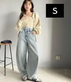 コットン100％アシメウエストカーブデニムパンツ(Ｓ)