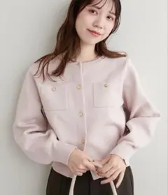 【natural couture】ポリニット金釦ポケ付きカーディガン　ピンク