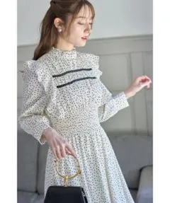 新品未開封＊トッコ　フリルシャーリングドットワンピース　バイカラー大人可愛い上品