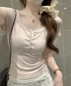 SHEIN ピンク 半袖 Tシャツ リブ編み