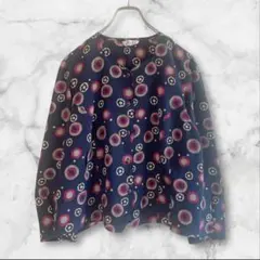 総柄デザインノーカラーシャツブラウス花柄和柄ネイビー紺色レトロヴィンテージ古着