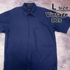 90s　USA古着　カジュアルシャツ　L　半袖　ネイビー　紺　無地　ポリノジック