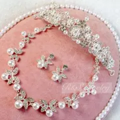 パール3点セット ティアラ ネックレス ピアス ウェディングブライダル結婚式