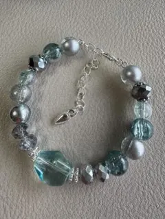 ビーズブレスレット シルバー 青 15cm（0401）