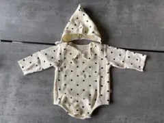 韓国ベビー服 ロンパース アイボリー ドット 水玉 ボンネット付き 66cm