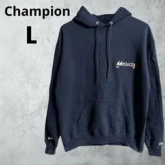 雰囲気◎Champion 企業刺繍ロゴ プルオーバーパーカー ネイビー Lサイズ