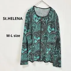 セントヘレナ　カーディガンM-L ペイズリー柄　ベロア調　グリーン　ファスナー