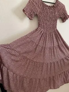 小花柄 赤色 半袖 フレアワンピース