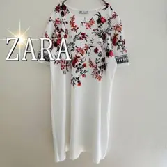 ZARA ザラ　花柄プリント半袖ひざ丈テクスチャーワンピース（L）白