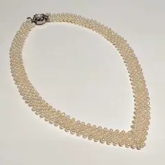 華やか 淡水真珠 V字 編み込み パールネックレス*結婚式 パーティなどに