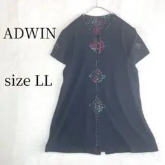 ADWIN チュニック LL ケーブル編み風 花柄切替 ブラック 大きいサイズ