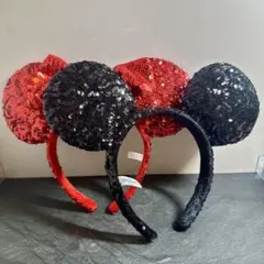 ミッキーミニーカチューシャ 赤黒スパンコール 2個セット