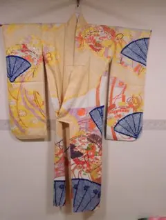 マ*ン様 #TW04.正絹振袖明るく可愛黄色振袖駒刺繍絞り道長扇面吉祥花蝶文金彩