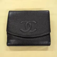 CHANEL ブラック レザー 3つ折り財布