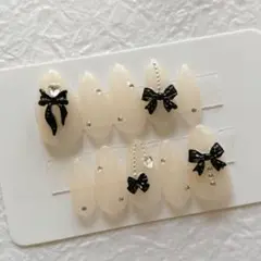 現品ネイルチップ フレンチガーリー リボン ワンホン ちゅるん ハート 韓国