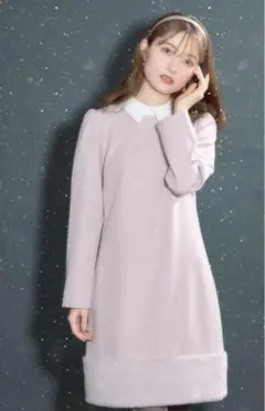 トッコクローゼット 襟付き裾ファー切り替えワンピース グレイッシュピンク