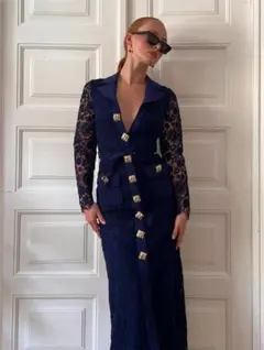 m*い様 セルフポートレイト ワンピース レース マキシ丈 花柄 ネイビー UK