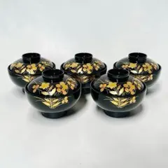 会津塗 天然木加工品 梅菊流れ蒔絵 蓋付きお吸い物椀揃え 5客
