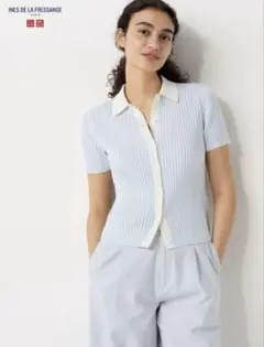 ユニクロ イネス リブボーダーポロカーディガン 未着用品 ブルー