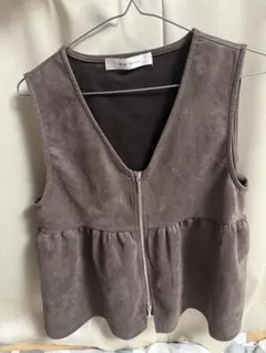 ブラウン Vネック ジッパーベスト