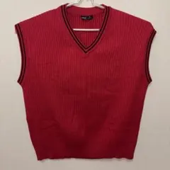 リブ編みノースリーブVネックニットベスト レッド