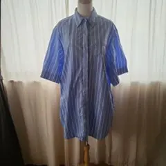 青と白のストライプ 半袖シャツワンピース