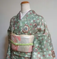 極美品【正絹 小紋】 着物 大人エレガント 豪華地紋 逸品 ライトグリーン 光沢