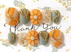 ネイルチップ❁No,520 ぷっくりお花 ニュアンス❁⃘*オレンジ×カーキ