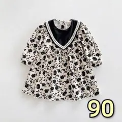 キッズワンピース　バラ柄　長袖　レトロ風　女の子春秋物　90cm