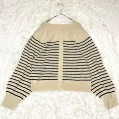 M380【ボーダー柄ニット】カーディガン 羽織 アウター リブ編み ボリューム袖