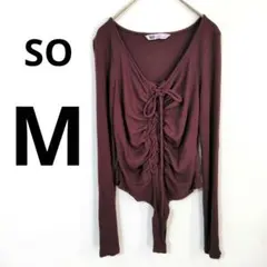 SO　【M】　バーガンディ　紫　長袖　ボディスーツ　リボン