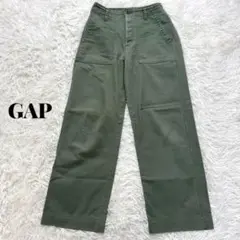 GAP ボタンフライパンツ ミリタリー ベイカーパンツ ワイド 洗える 緑