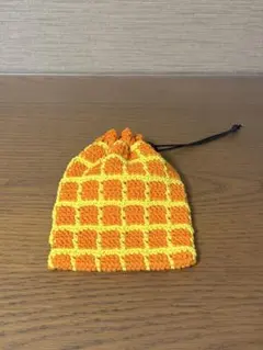 グラフチェック 巾着 小物入れ ポーチ ハンドメイド かぎ針編み 編み物