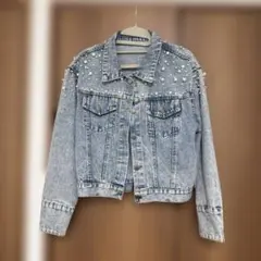 パール装飾付きデニムジャケット