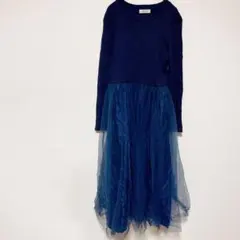 レア◆elgna 【40】ネイビー・ティール ロングワンピース ニット チュール