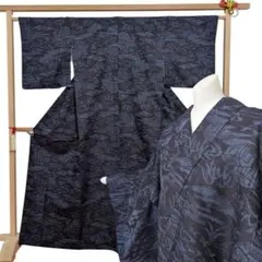 K*様 値下げ！【結城紬】証紙付き　手織り　紺　蔵　波　葉　身丈167cm